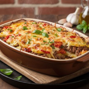 Нежный картофель с фаршем и помидорами, запечённый в духовке